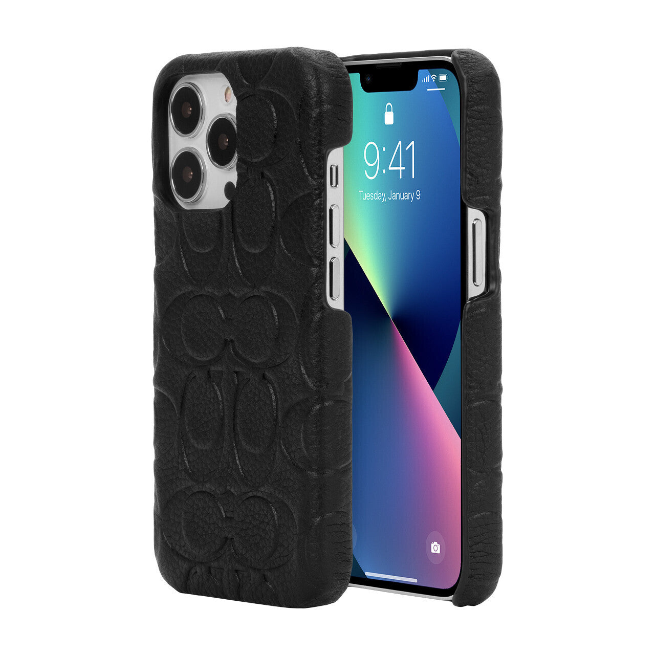 Coach iPhone 13 Pro Leather Slim Wrap, Black Emboss Signature C Pebbled Leather