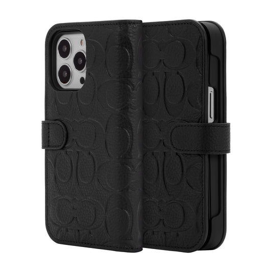 Coach iPhone 13 Pro Leather Folio, Black Emboss Signature C Pebbled Leather